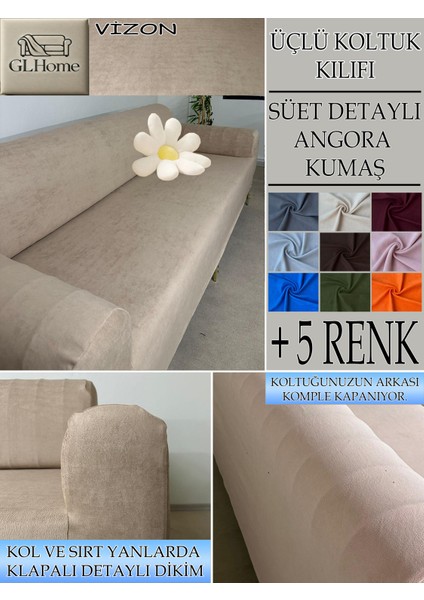 Süet Detaylı Angora Kumaş 3lü Komple Giydirme Kanepe & Çekyat, Bohem, Porto, Vb. Model Koltuk Kilifi