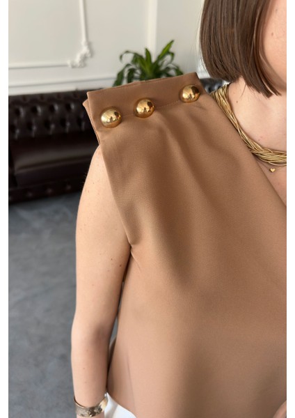 Tek Omuz Çıtçıtlı Bluz- Camel fiyatları