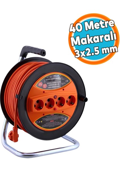 Seyyar Makaralı Cca Uzatma Kablosu 3x2.5 mm 40 Metre Termal Sigortalı Plastik 4 Prizli Monofaze