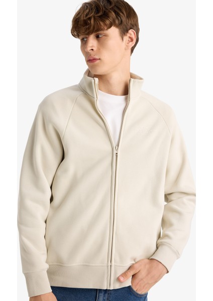 Boxy Fit Dik Yaka Baskılı İçi Yumuşak Tüylü Cepli Fermuarlı Sweatshirt E1367AX25AU fırsatları