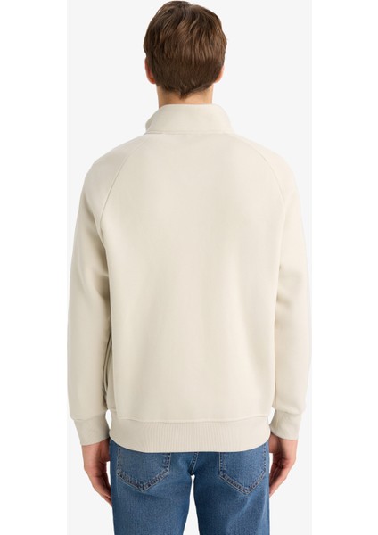 Boxy Fit Dik Yaka Baskılı İçi Yumuşak Tüylü Cepli Fermuarlı Sweatshirt E1367AX25AU