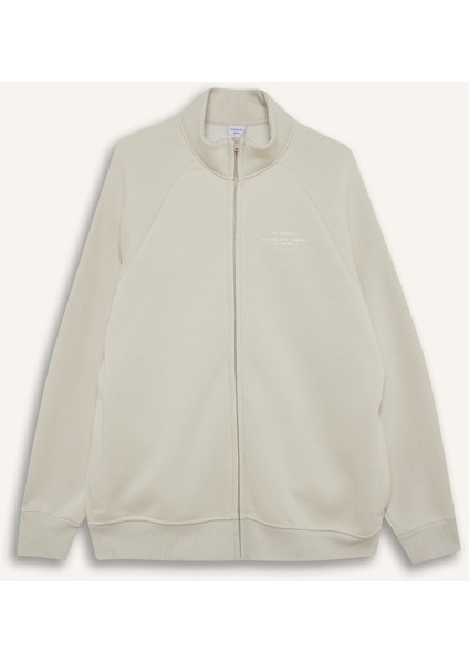 Boxy Fit Dik Yaka Baskılı İçi Yumuşak Tüylü Cepli Fermuarlı Sweatshirt E1367AX25AU