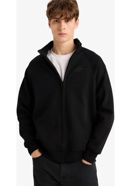 Boxy Fit Dik Yaka Baskılı İçi Yumuşak Tüylü Cepli Fermuarlı Sweatshirt E1367AX25AU