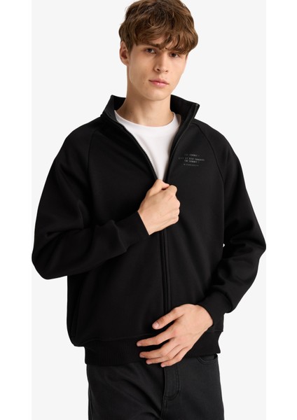 Boxy Fit Dik Yaka Baskılı İçi Yumuşak Tüylü Cepli Fermuarlı Sweatshirt E1367AX25AU fırsatları