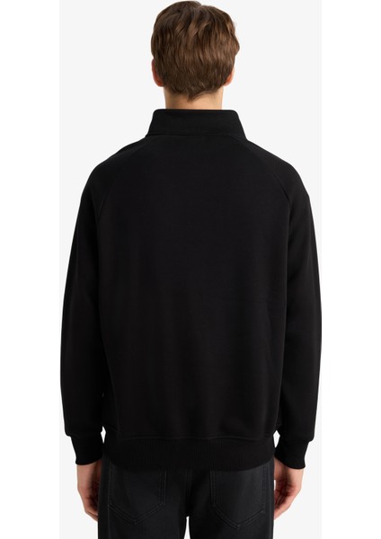 Boxy Fit Dik Yaka Baskılı İçi Yumuşak Tüylü Cepli Fermuarlı Sweatshirt E1367AX25AU