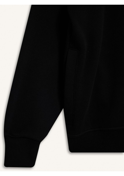 Boxy Fit Dik Yaka Baskılı İçi Yumuşak Tüylü Cepli Fermuarlı Sweatshirt E1367AX25AU