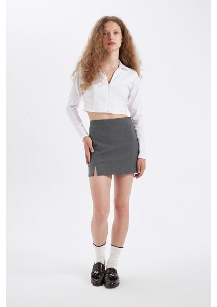 Yüksek Bel Basic Düz Pamuk Yırtmaçlı Astarlı Mini Etek