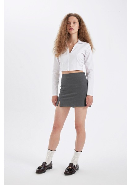 Yüksek Bel Basic Düz Pamuk Yırtmaçlı Astarlı Mini Etek modelleri