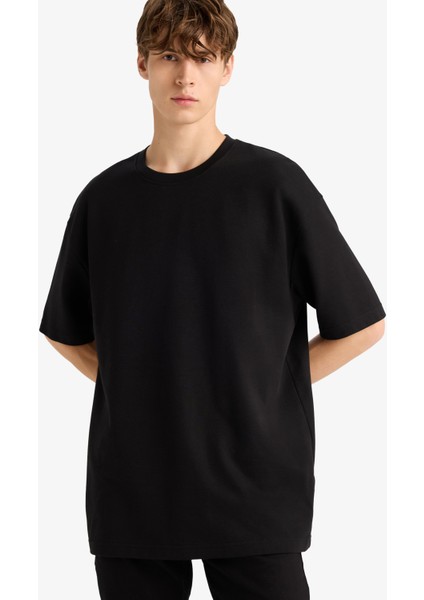 Oversize Geniş Kalıp Bisiklet Yaka Ağır Kumaş Basic Düz Kısa Kollu Tişört E9798AX25AU
