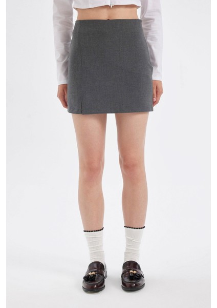 Yüksek Bel Basic Düz Pamuk Yırtmaçlı Astarlı Mini Etek fırsatları