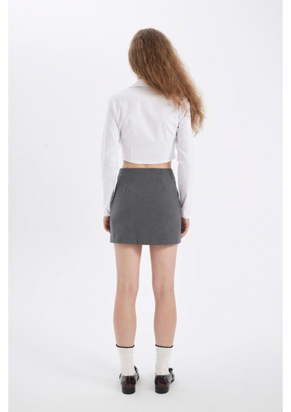 Yüksek Bel Basic Düz Pamuk Yırtmaçlı Astarlı Mini Etek