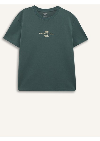 Boxy Fit Bisiklet Yaka Baskılı Kısa Kollu Tişört F8592AX25HS