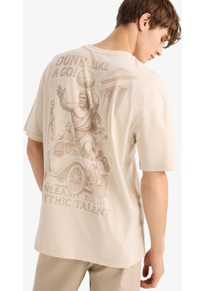 %100 Pamuk Boxy Fit Rahat Kesim Bisiklet Yaka Sırt Baskılı Kısa Kollu Tişört F8330AX25AU