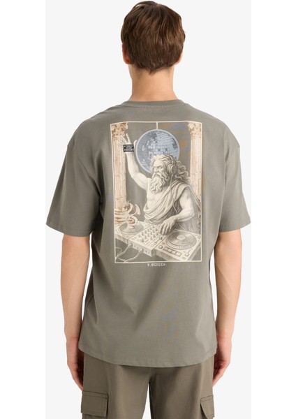 %100 Pamuk Boxy Fit Rahat Kesim Bisiklet Yaka Sırt Baskılı Kısa Kollu Tişört F8331AX25AU