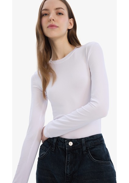 Fitted Bisiklet Yaka Basic Düz Uzun Kollu Tişört D0199AX25SP