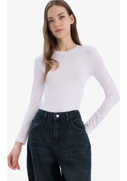 Fitted Bisiklet Yaka Basic Düz Uzun Kollu Tişört D0199AX25SP modelleri