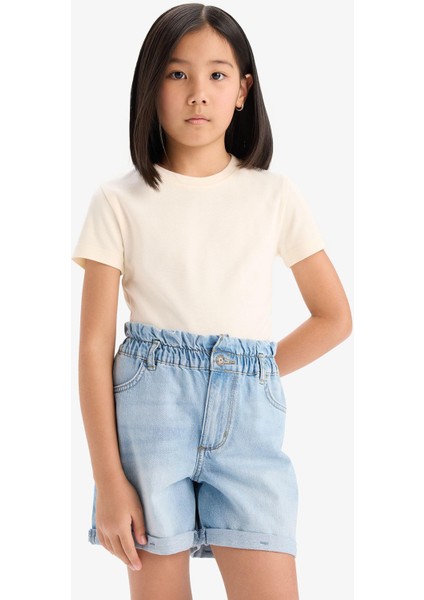 Kız Çocuk Slim Fit Dar Kesim Bisiklet Yaka Ribana Basic Düz Kısa Kollu Tişört B3054A825SM fırsatları