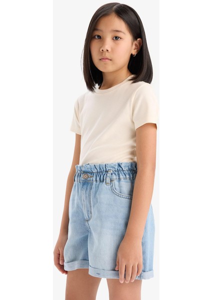Kız Çocuk Slim Fit Dar Kesim Bisiklet Yaka Ribana Basic Düz Kısa Kollu Tişört B3054A825SM