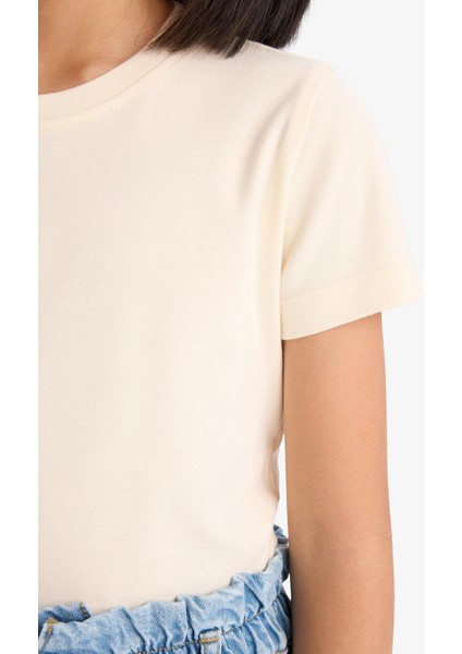 Kız Çocuk Slim Fit Dar Kesim Bisiklet Yaka Ribana Basic Düz Kısa Kollu Tişört B3054A825SM