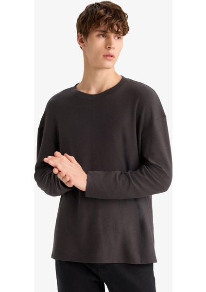 Boxy Fit Rahat Kesim Bisiklet Yaka Pamuklu Uzun Kollu Tişört E8437AX25AU modelleri