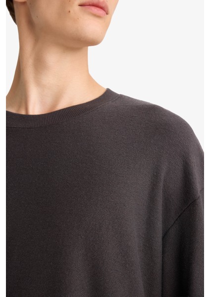 Boxy Fit Rahat Kesim Bisiklet Yaka Pamuklu Uzun Kollu Tişört E8437AX25AU