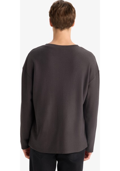 Boxy Fit Rahat Kesim Bisiklet Yaka Pamuklu Uzun Kollu Tişört E8437AX25AU