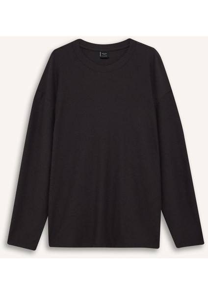 Boxy Fit Rahat Kesim Bisiklet Yaka Pamuklu Uzun Kollu Tişört E8437AX25AU