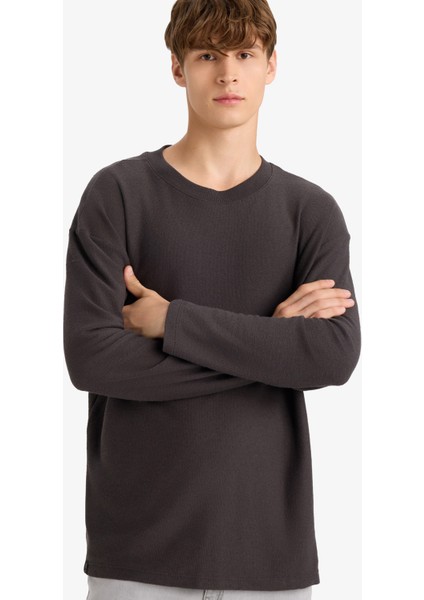 Boxy Fit Rahat Kesim Bisiklet Yaka Yumuşak Kumaş Basic Düz Sweatshirt F4642AX25AU