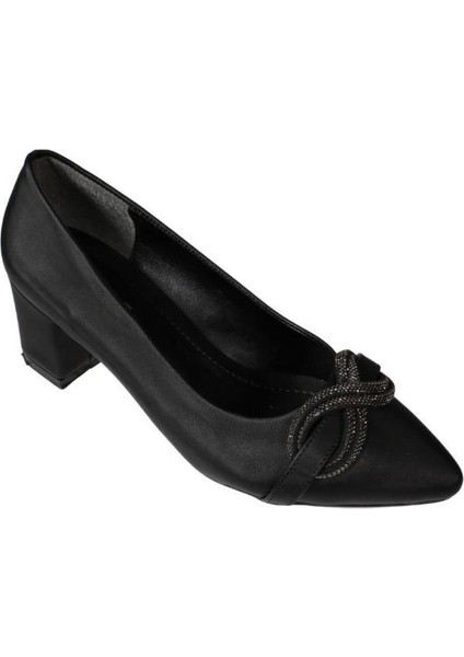 Yazkış Kadın Siyah Gümüş Saten Kumaş Üzeri Tokalı 5cm Kalın Taban Abiye Ayakkabı