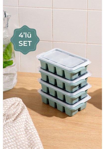 4'lü Şeffaf Kapaklı Buz Kalıbı, 8 Bölmeli, Yenilikçi ve Şık Tasarım