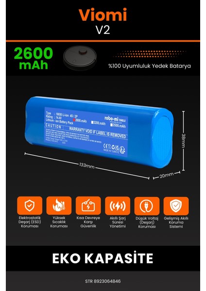 Robo- Mi Viomi V2 2600MAH Robot Süpürge Bataryası - Sertifikalı Güvenlik, Gerçek Kapasite fiyatları