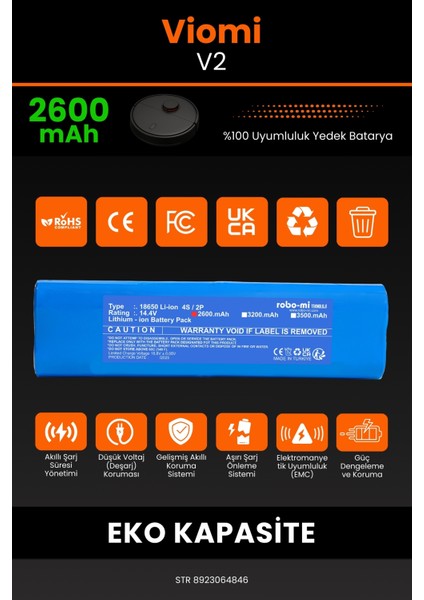 Robo- Mi Viomi V2 2600MAH Robot Süpürge Bataryası - Sertifikalı Güvenlik, Gerçek Kapasite modelleri