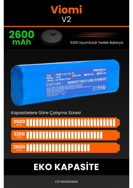 Robo- Mi Viomi V2 2600MAH Robot Süpürge Bataryası - Sertifikalı Güvenlik, Gerçek Kapasite fırsatları