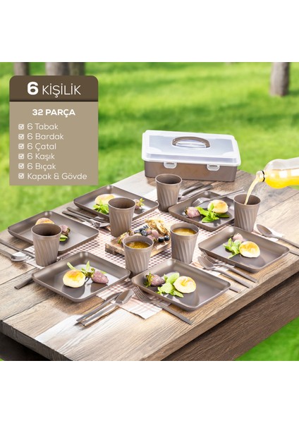 32 Parça 6 Kişilik Taşınabilir Piknik Seti - Saklama Kutulu Bej