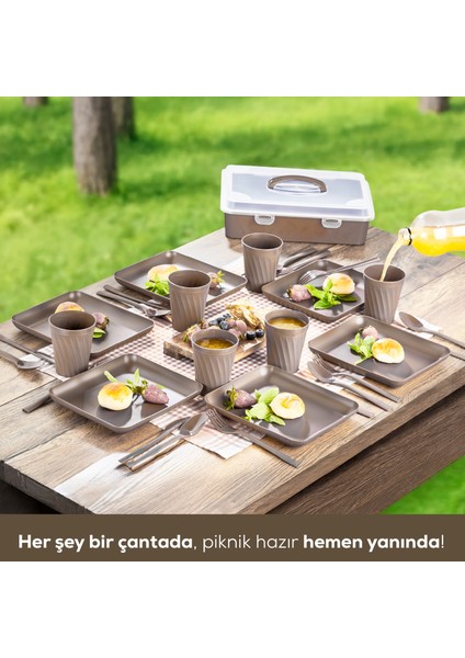 32 Parça 6 Kişilik Taşınabilir Piknik Seti - Saklama Kutulu Bej fiyatları