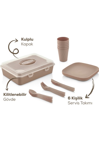 32 Parça 6 Kişilik Taşınabilir Piknik Seti - Saklama Kutulu Bej modelleri