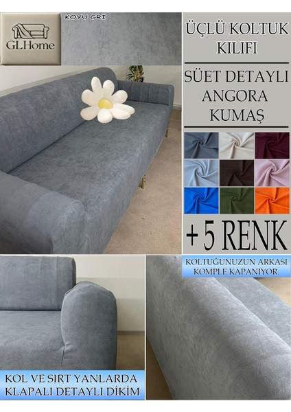 Süet Detaylı Angora Kumaş 3lü Komple Giydirme Kanepe & Çekyat, Bohem, Porto, Vb. Model Koltuk Kilifi