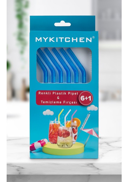 Mavi Renkli Plastik Pipet ve Temizleme Fırçası - 6'lı Kristal Mavi Renkli Pipet