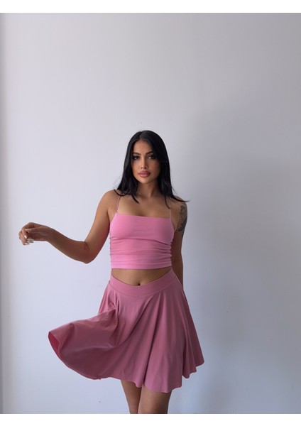 Kadın Pembe Beli Lastikli Volanlı Kloş Içi Şortlu Etek fırsatları