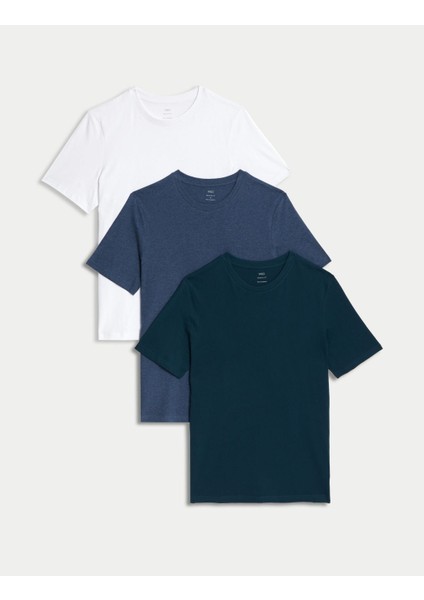 Saf Pamuklu 3'lü Yuvarlak Yaka T-Shirt Seti