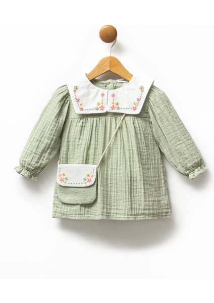 Kız Bebek Nakışlı Bebe Yaka Müslin %100 Pamuk Çantalı Elbise