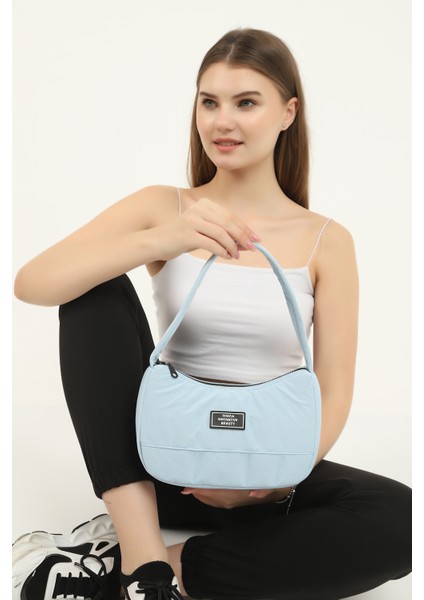 Mavi U11 Kanvas Kumaş, Fermuarlı Tek Bölmeli , Baget Model El, Kol Ve Omuz Çantası