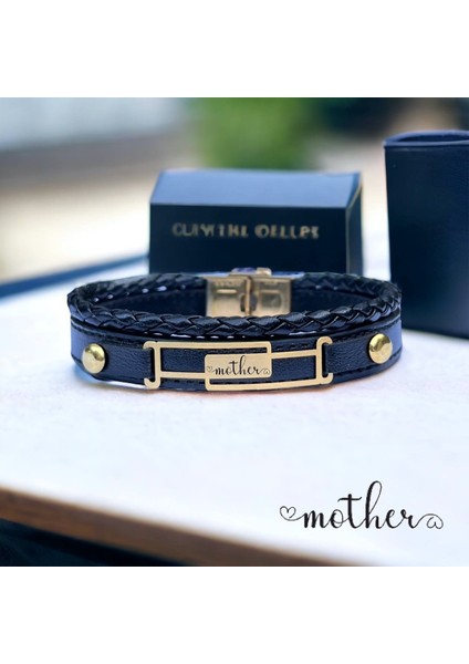 14 Ayar Plakalı Altın Anne Temalı Siyah Derili Dikdörtgen Motifli Hediye BILEKLIK-591SEMBOL