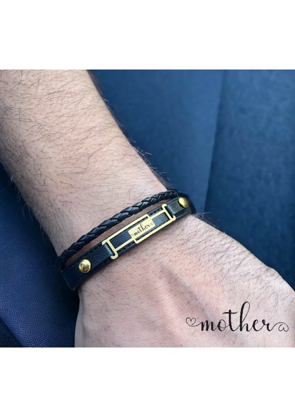 14 Ayar Plakalı Altın Anne Temalı Siyah Derili Dikdörtgen Motifli Hediye BILEKLIK-591SEMBOL fiyatları