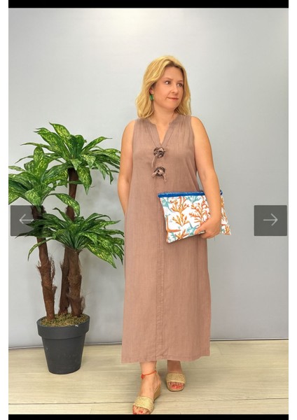 Kadın Uzun Düğmeli Keten Kolsuz Elbise