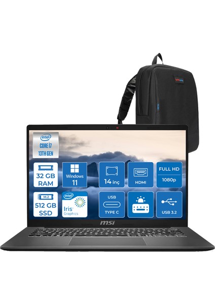 Msı Modern 14 Intel Core I7 1355U 32GB 512GB SSD Iris Xe Graphics Windows 11 Home 14" IPS Fullhd (1920*1080) Taşınabilir Bilgisayar F13MG257XTRH17 + Zetta Çanta