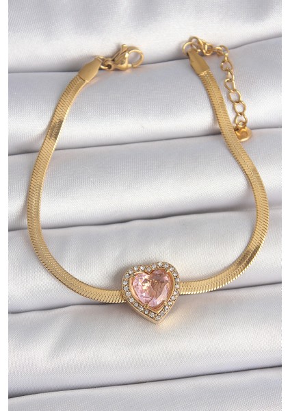 316L Çelik Gold Renk Italyan Zincir Pembe Zirkon Taşlı Kalp Model Kadın Bileklik - TJ-BB6952