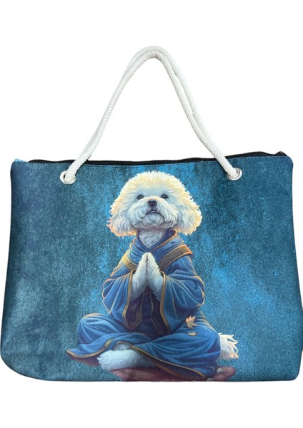 Sedosh Home Sevimli Köpek Desenli Petrol Mavisi Kumaş Çanta – Kadın, Büyük Boy, Fermuarlı, Halat Saplı, Günlük ve Plaj Kullanımına Uygun (45X35 Cm)