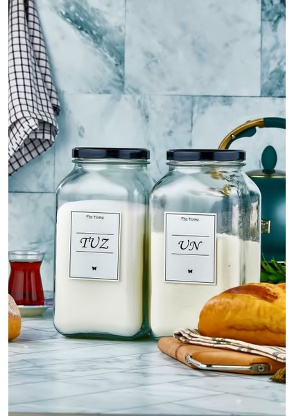 2'li 3000 ml Cam Saklama Kabı Un ve Tuz Etiketli Kahverengi Set