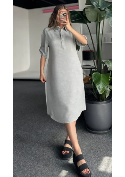 Doğal Dokulu Düğmeli Keten Elbise 36 - Gri